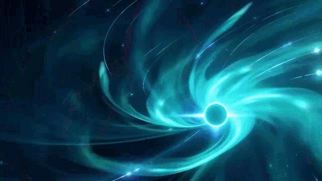 a blue swirl in space with a black hole in the center