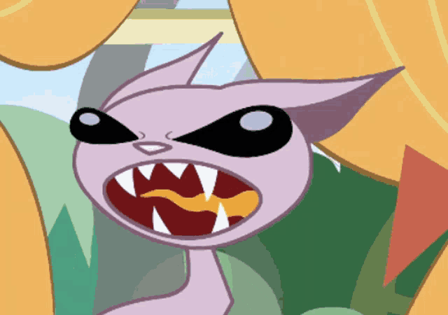 a cartoon drawing of a purple cat with sharp teeth and black eyes