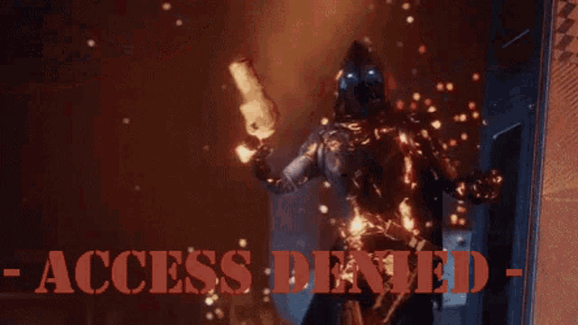 a man in a hooded cloak is holding a sword in front of a fire with the words access denied below him