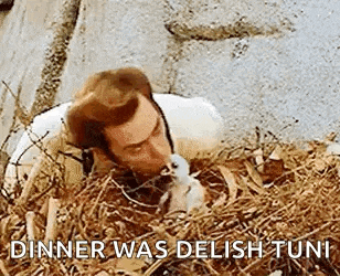 a man is laying in a nest with a bird in it and says `` dinner was delish tuni '' .