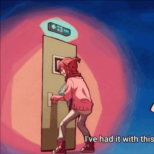 a girl in a pink sweater is standing in front of an exit sign