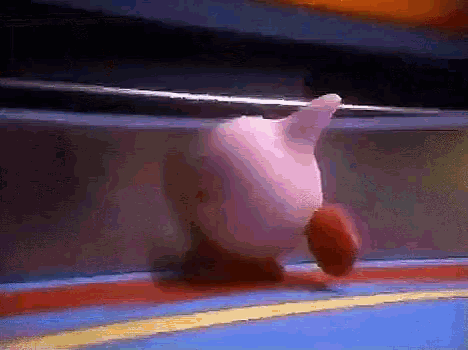 a cartoon chicken is doing a handstand in a boxing ring .