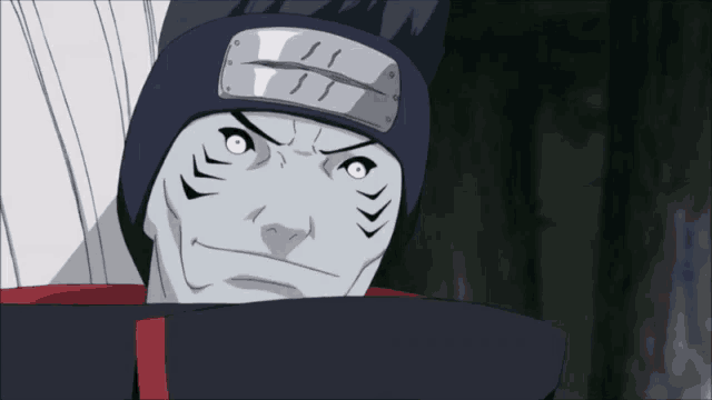 a close up of a cartoon character with white eyes and a black headband