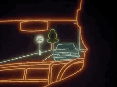 a neon sign of a car driving down a street with a sign that says 30 on it .