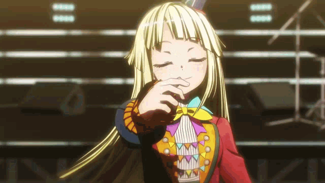 a blonde anime girl with long hair and a colorful outfit is dancing on a stage .