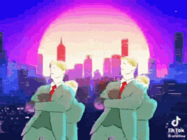 two men in suits and ties are standing in front of a city skyline .
