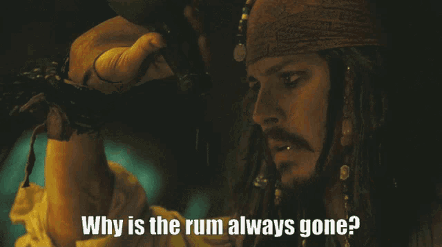 a man with dreadlocks is holding a bottle and says " why is the rum always gone ? "