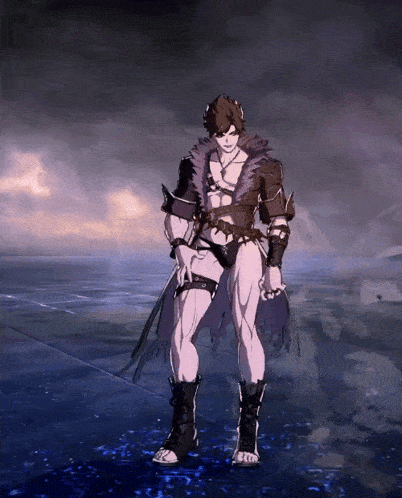 a video game character is standing in the water with a sword in his hand