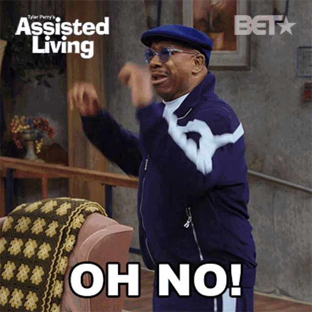 an advertisement for assisted living shows a man pointing