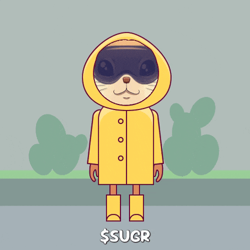 a sloth wearing a yellow raincoat and boots is standing in the rain