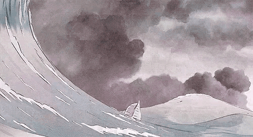 a painting of a sailboat in the middle of a stormy ocean .