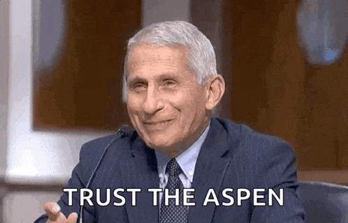 a man in a suit and tie is sitting in front of a microphone and smiling while saying `` trust the aspen '' .