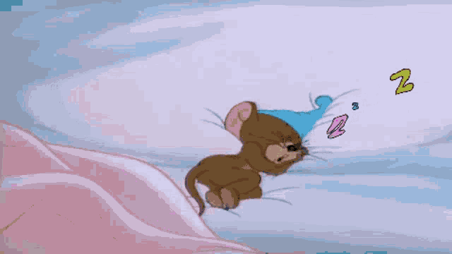 a cartoon mouse wearing a blue hat is sleeping on a bed