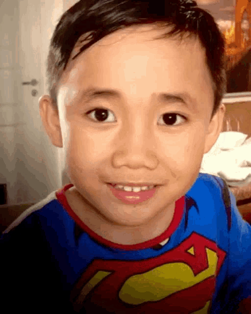 a young boy wearing a superman shirt is smiling