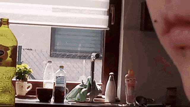 a bottle of aquafina water sits on a counter next to a window