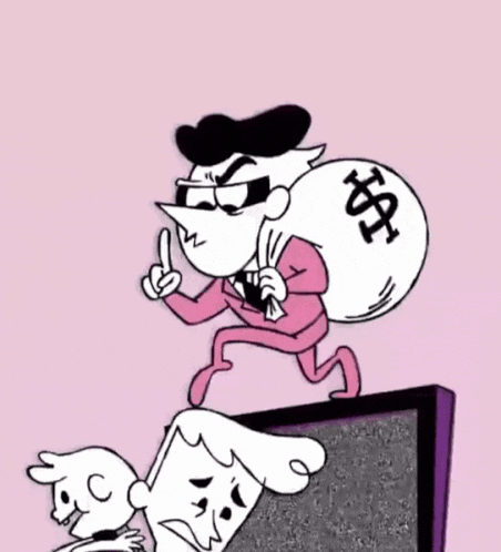 a cartoon character is holding a bag of money and says " poof " on it