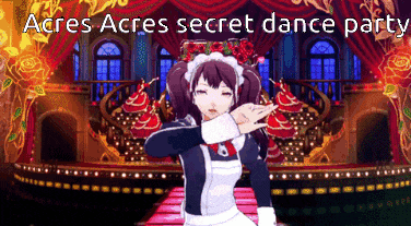 a maid is dancing on a stage with the words acres acres secret dance party behind her