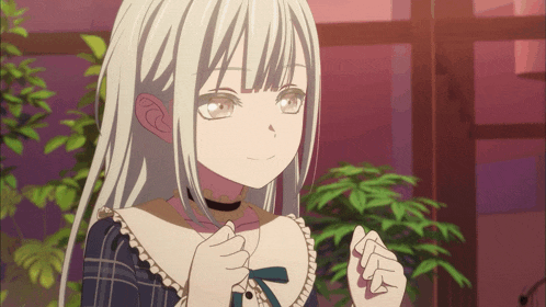 a girl with white hair is wearing a blue and white dress