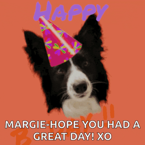 a birthday card with a dog wearing a party hat and the words happy b-day margie hope you had a great day xo