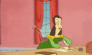 a cartoon of a woman writing on a piece of paper while a man stands behind her .