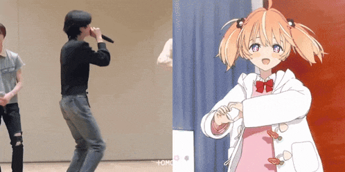 a man is singing into a microphone next to a picture of a girl with pigtails