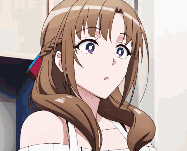a brown haired anime girl with purple eyes and a braid in her hair