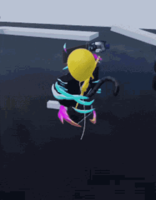 a cartoon character is holding a yellow balloon and a laptop