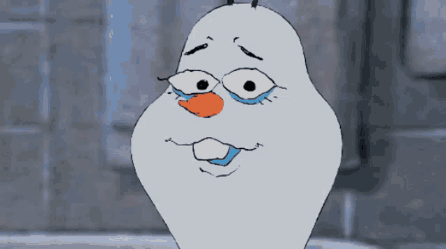 a cartoon drawing of a snowman with a sad expression on his face