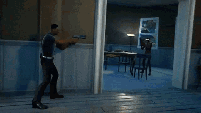 a man in a video game is holding a gun in a room