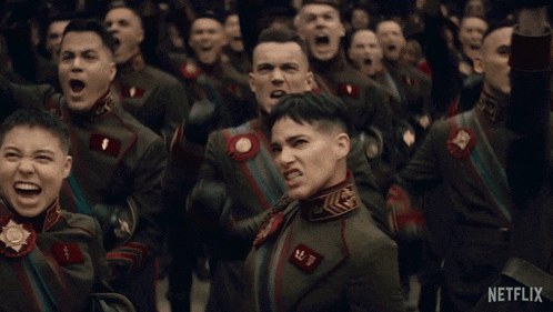 a crowd of people in military uniforms with a netflix logo on the bottom