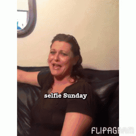 a woman sitting on a couch with the words selfie sunday written above her