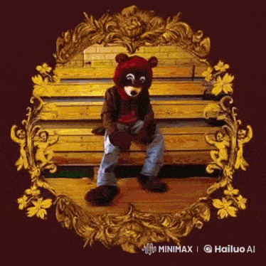 a person dressed as a teddy bear is sitting on a wooden bench in a picture frame .