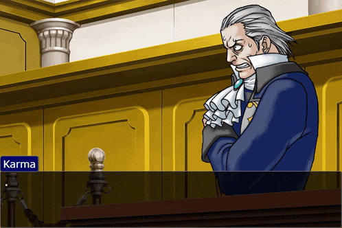 a man in a courtroom with a caption that says " karma "