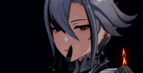 a girl with long hair and red eyes is holding a gun in her hand and covering her mouth with her hand .