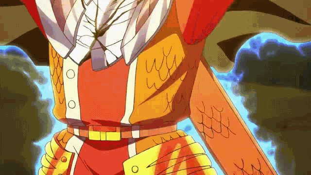 a close up of a cartoon character 's torso and arms with a blue background