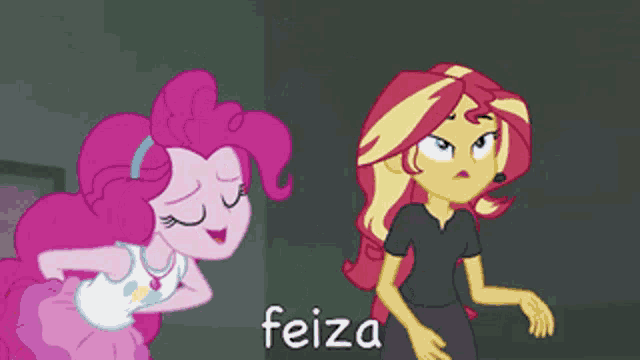 pinkie pie and sunset shimmer from my little pony standing next to each other