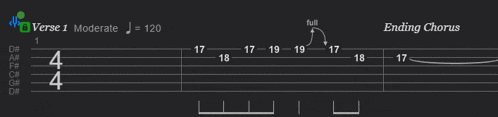 a screen shows a verse 1 moderate j = 120 and ending chorus j = 17