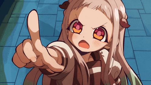 a little girl with long hair and red eyes is pointing her finger
