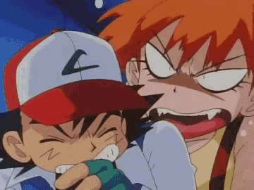 a cartoon of ash and misty making a face