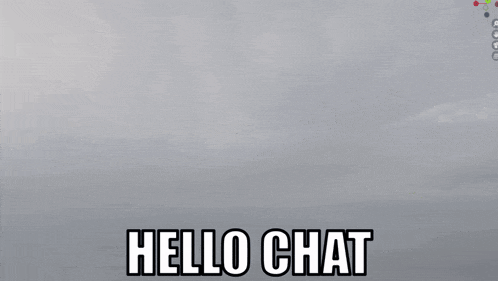 a robot with a gun says hello chat in white letters