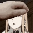 a pixel art of a girl wearing a hat with a hand on top of her head .