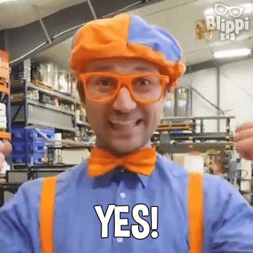 a man in a blue shirt and orange suspenders is wearing a hat and bow tie and says yes .