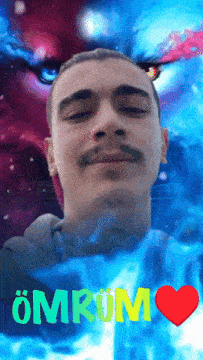 a man 's face is surrounded by blue flames and the word omrum is above him