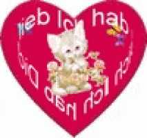 a red heart with a kitten holding flowers in it .