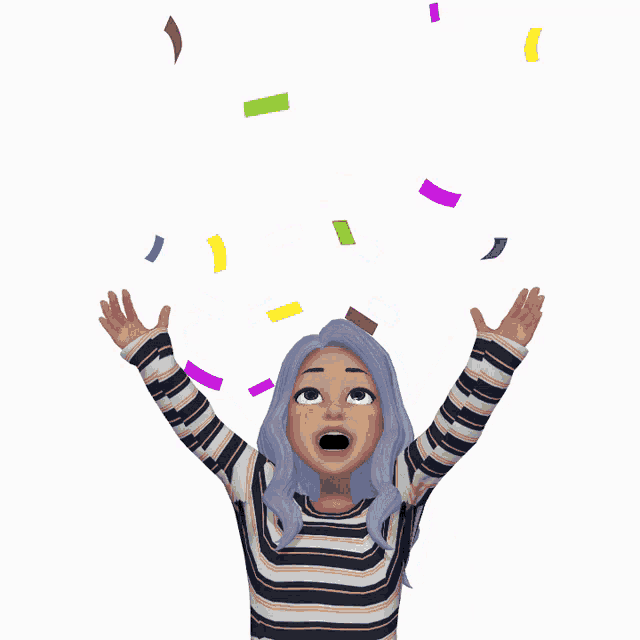 a girl with purple hair is wearing a striped shirt and smiling