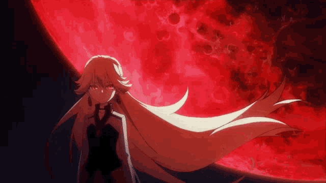 a woman with long blonde hair is standing in front of a red moon