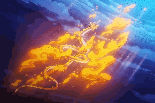 a painting of a dragon surrounded by flames with the sun shining through the clouds
