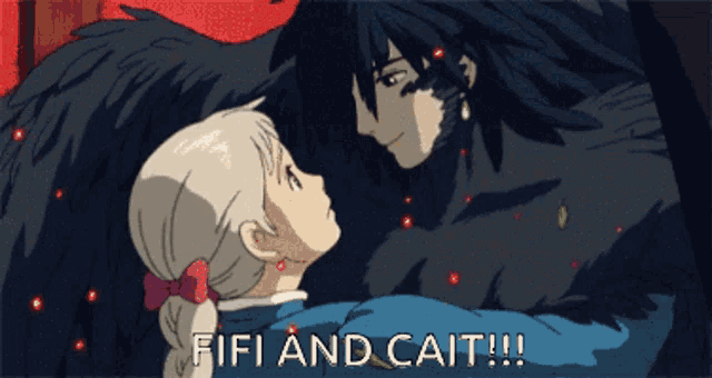 a cartoon of a girl hugging a monster with the words " fifi and cait " below them