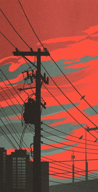 a painting of telephone poles with birds flying in the sky