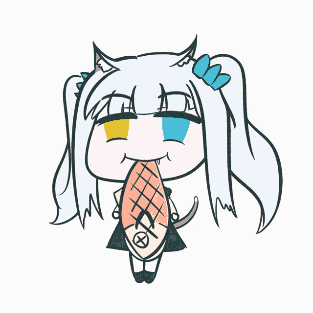 a drawing of a girl with white hair and blue eyes holding a fish in her mouth